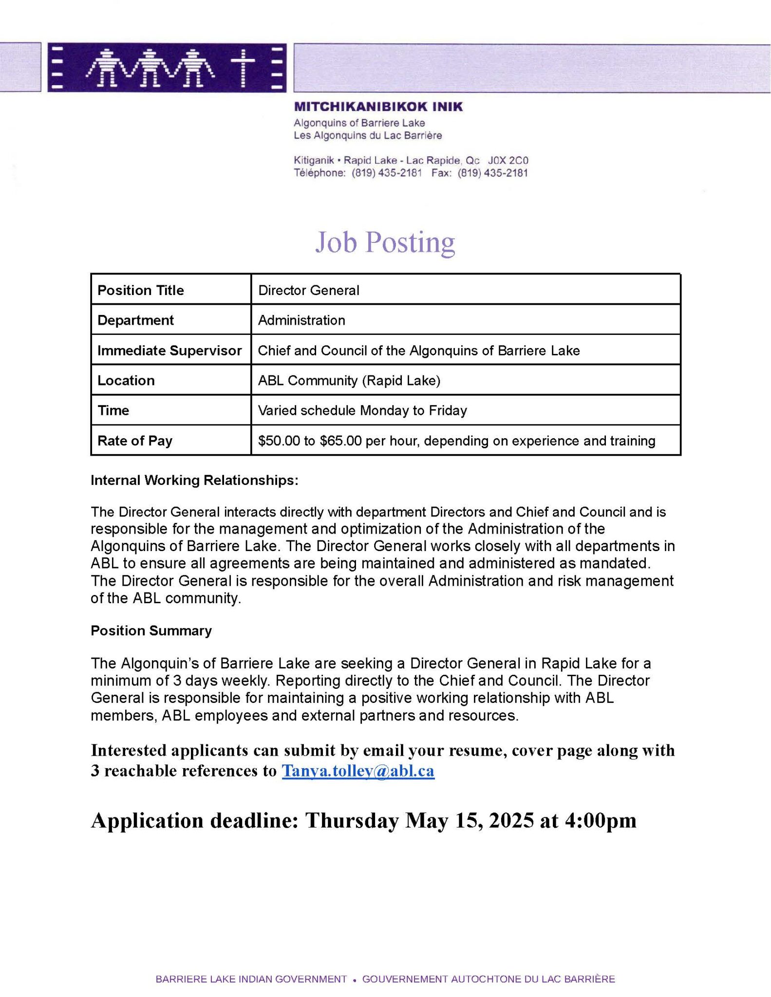 Job Posting Algonquins of Barriere Lake Algonquin Nation Tribal Council